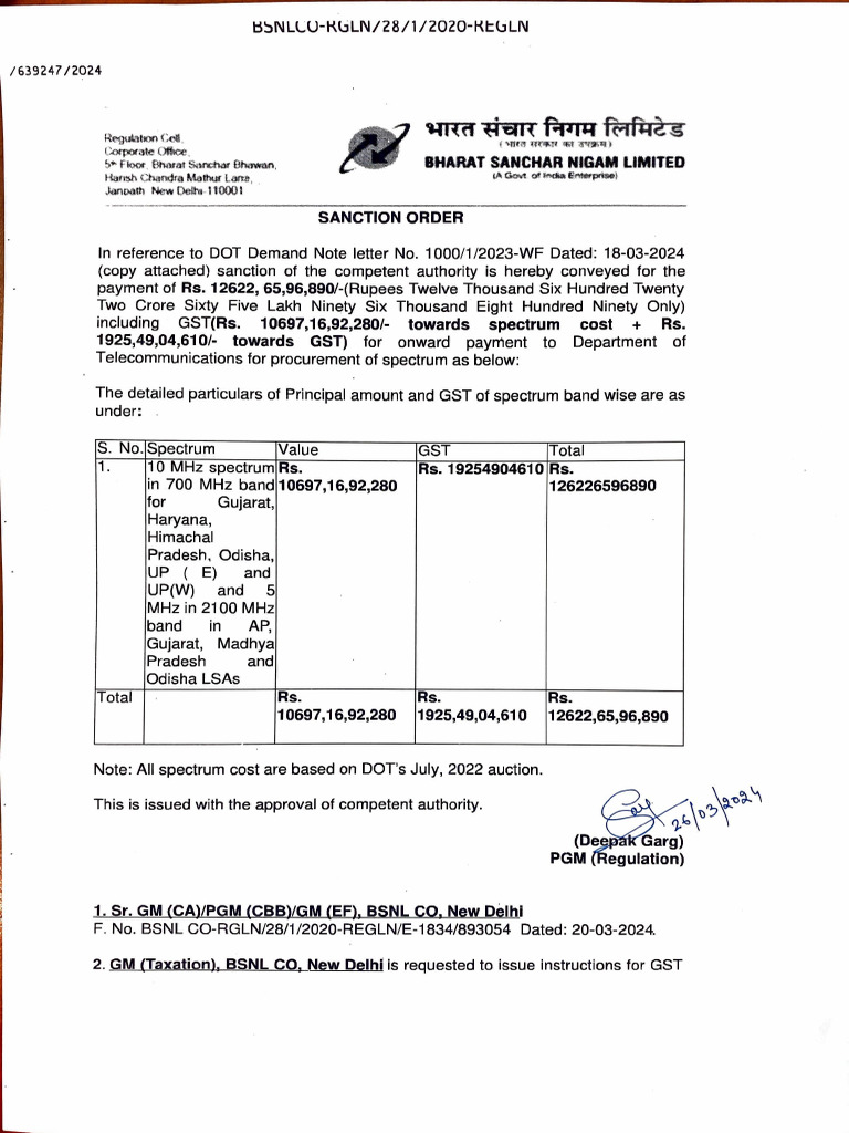 BSNL Spectrum Procurement Sanction Order | PDF | Government Of India ...