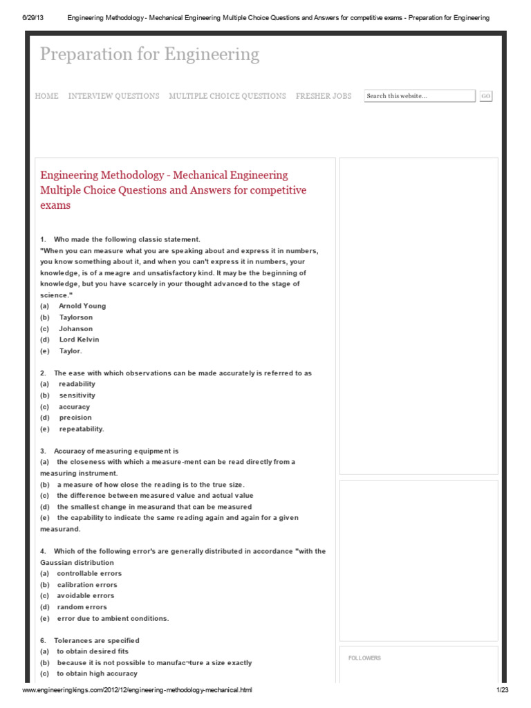 Mechanical Engineering Measurement Quiz | PDF | Engineering Tolerance ...