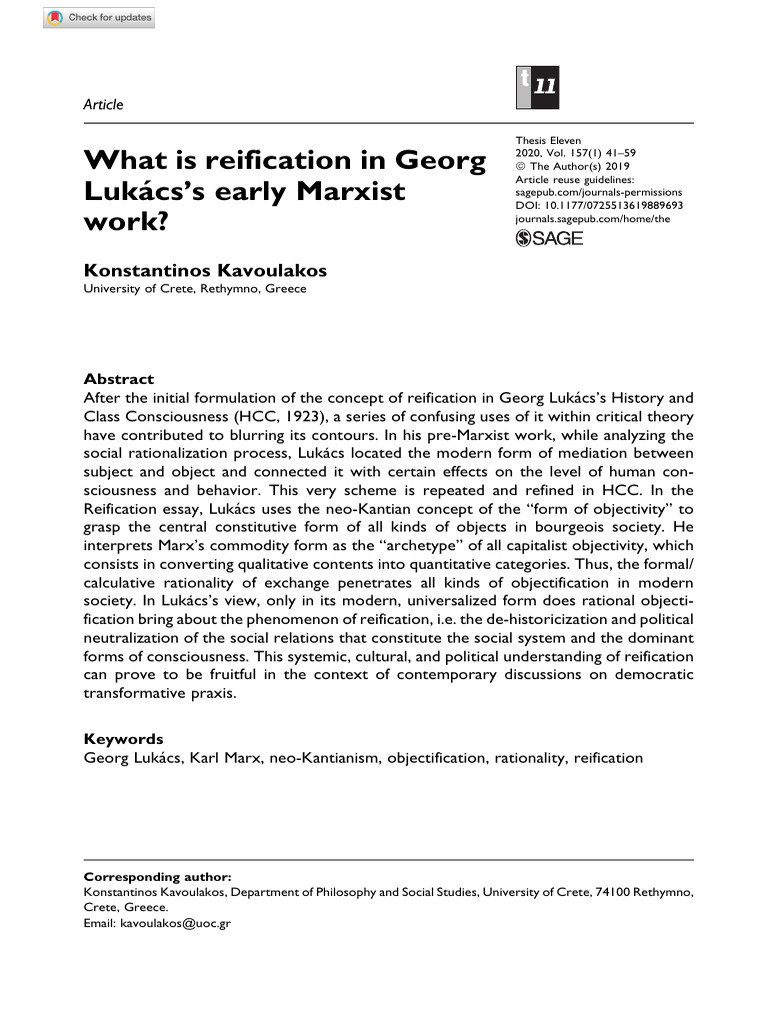 What Is Reification In Georg Luka Cs S Early Marxist Work Download