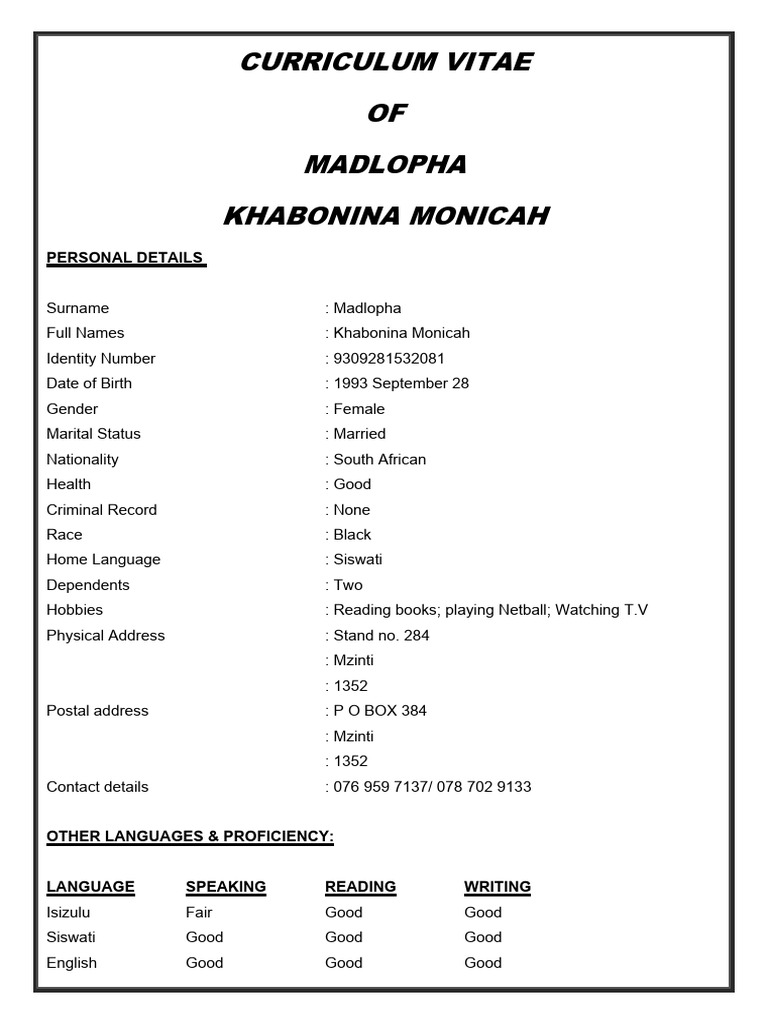 Madlopha Khabonina Monicah CV | PDF | Learning