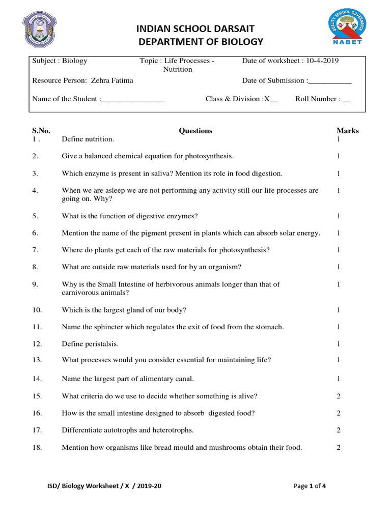 Life Processes Nutrition Respiration Worksheet 2019 Pdf Digestion