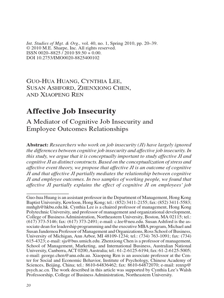Affective vs. Cognitive Job Insecurity | PDF | Affect (Psychology ...