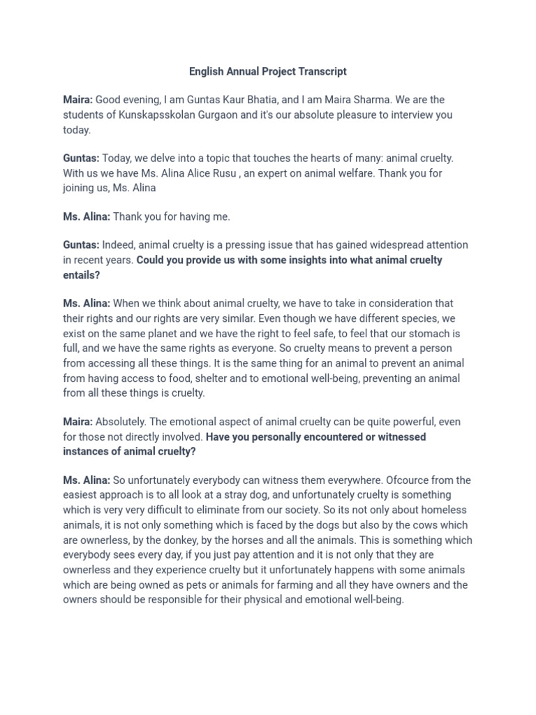 English Annual Project Transcript | PDF | Compassion | Cruelty To Animals