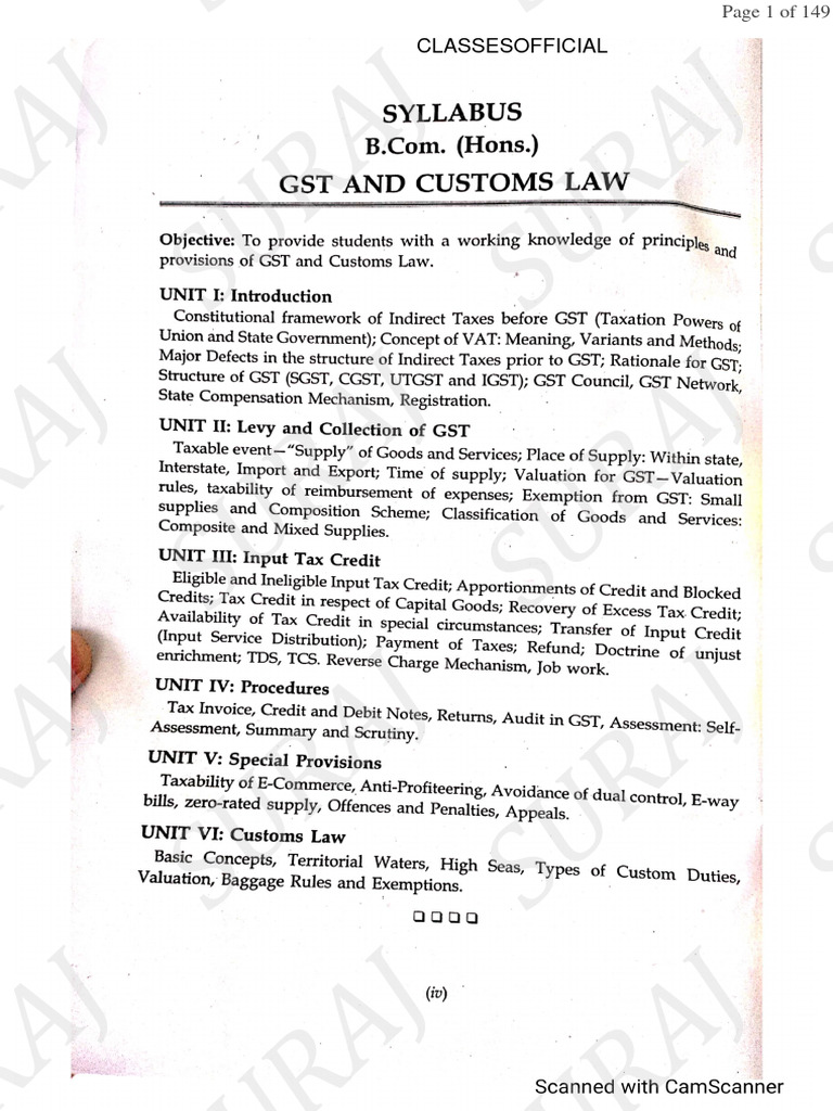 GST and Customs Law Syllabus for B.Com. | PDF | Value Added Tax | Taxes