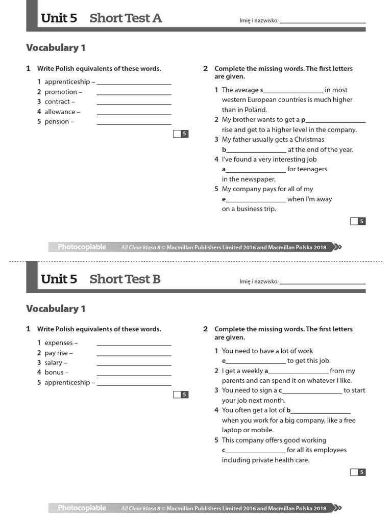 Unit 5 Short Test for Class 8 | PDF | English Language