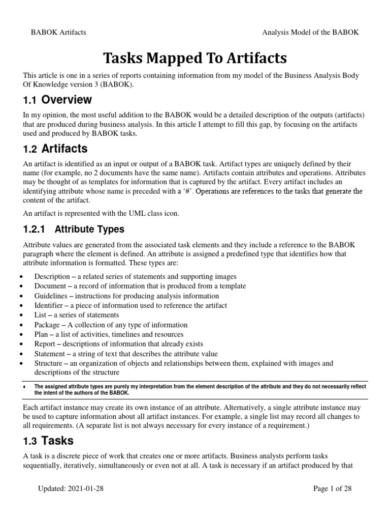 Task To Artifact Mapping Pdf Business Analysis Risk