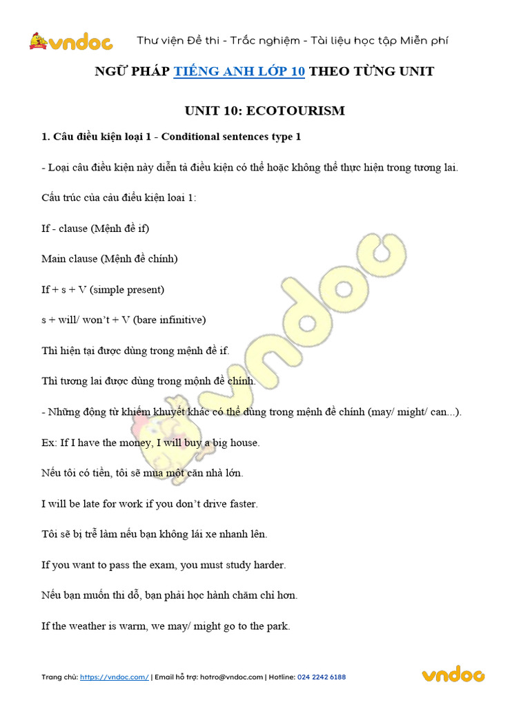 Ngu Phap Tieng Anh Lop 10 Chuong Trinh Moi Unit 10 Ecotourism | PDF