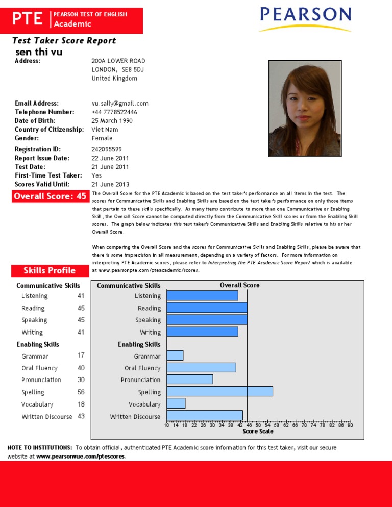 PTE Academic Score Report Overview | PDF