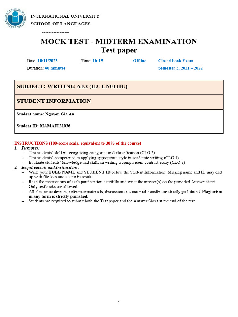 AE2 Writing Midterm - Mock Test | PDF | Telephone | Communication
