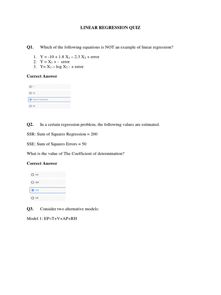 Linear Regression Quiz | Download Free PDF | Regression Analysis ...
