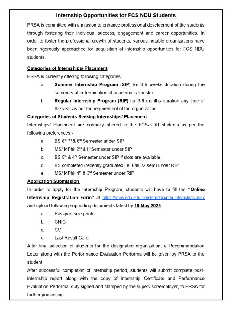 Internship Programs for FCS NDU Students | PDF