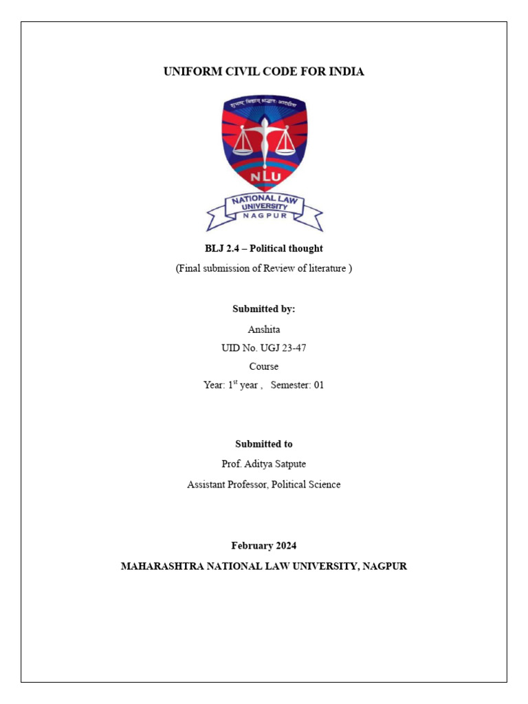 Uniform Civil Code For India: BLJ 2.4 - Political Thought | PDF ...