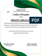 Certificate of Recognition as Winning Coach for Gerald
