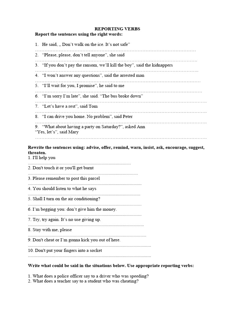 Reporting Verbs Practice Exercises | PDF