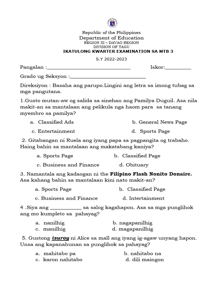 MTB 3 Q3 Periodical Test | PDF