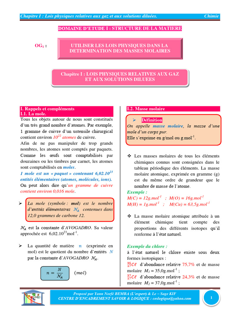 Lois physiques des gaz et solutions chimiques | PDF | Mole (unité ...