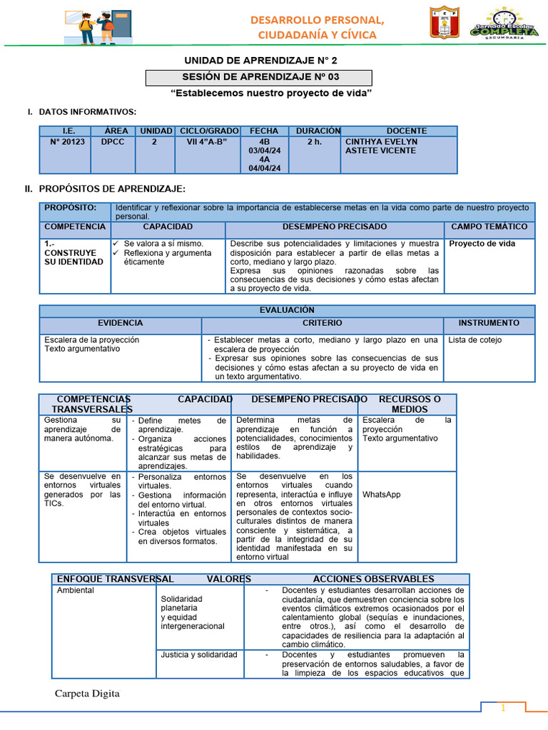 Sesión de Aprendizaje 3 U2 - 4A-B DPCC | PDF | Evaluación | Aprendizaje
