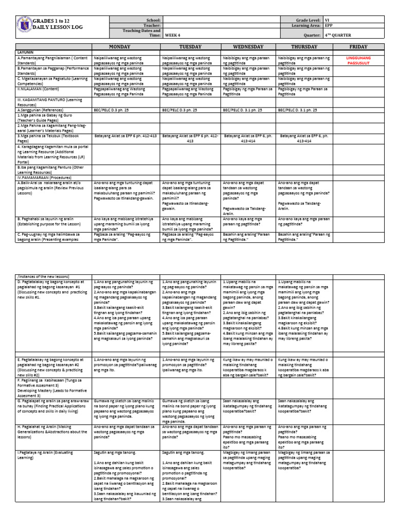 Grade 6 DLL EPP 6 Q4 Week 4 | PDF