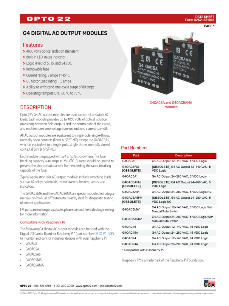 0252 G4 Digital AC Outputs Data Sheet | PDF | Fuse (Electrical) | Switch