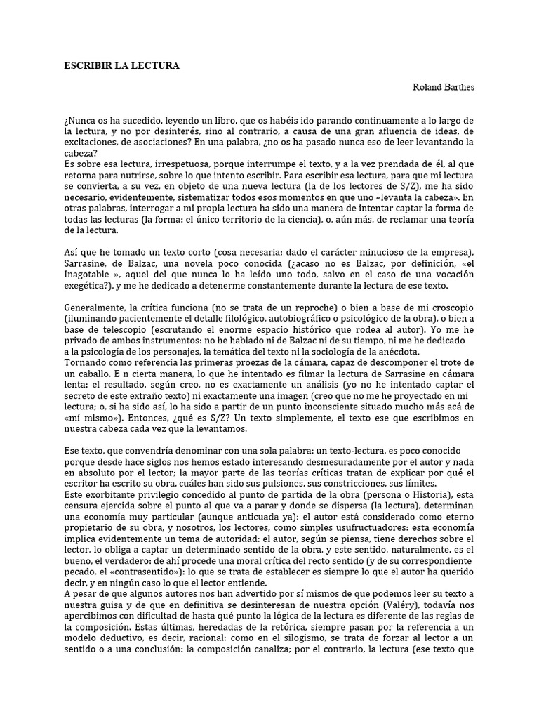 ESCRIBIR LA LECTURA Barthes | PDF