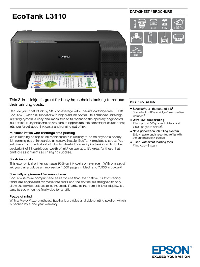Ecotank l3110 Datasheet - 1605444840 | PDF | Image Scanner | Printer ...