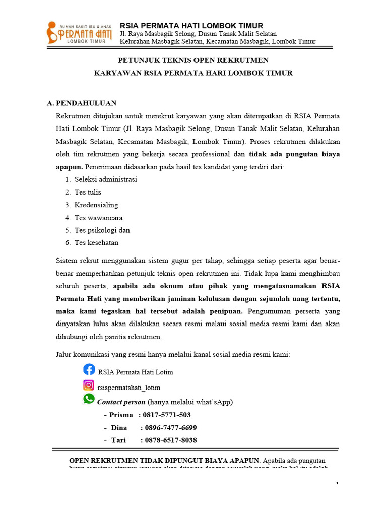 Rekrutmen Karyawan RSIA Permata Hati | PDF