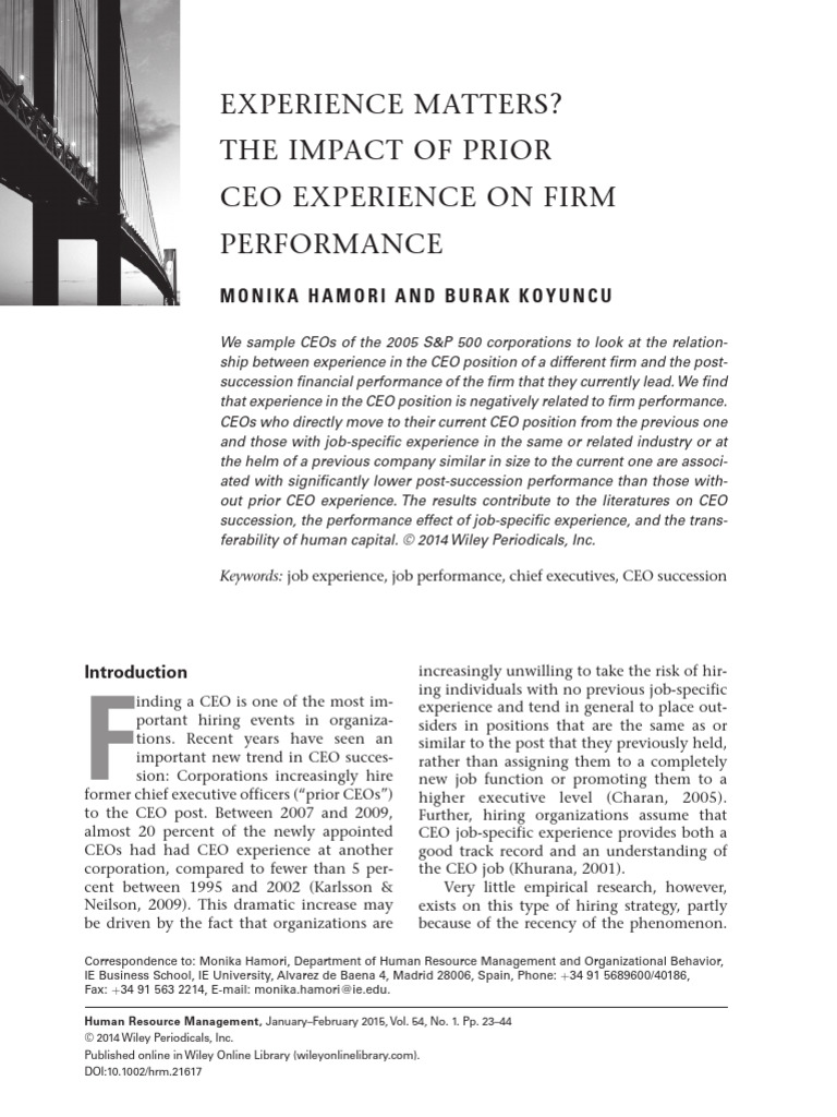 CEO Experience and Firm Performance | PDF | Human Capital | Knowledge