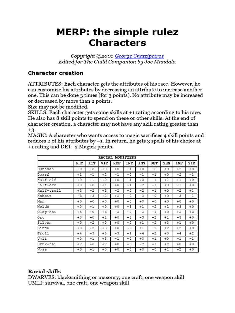05 MERP The Simple Rulez - Character Creation by George Chatzipetros ...