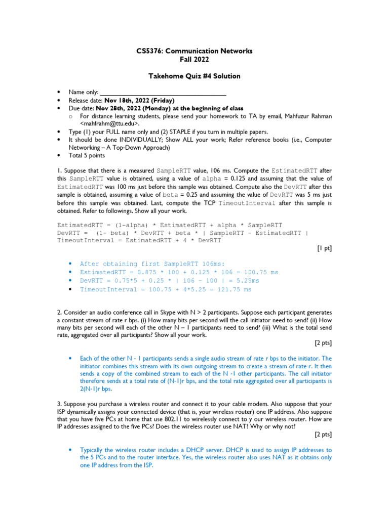 CS5376 Quiz 4 Solution Fall 2022 | PDF | Router (Computing) | Ip Address