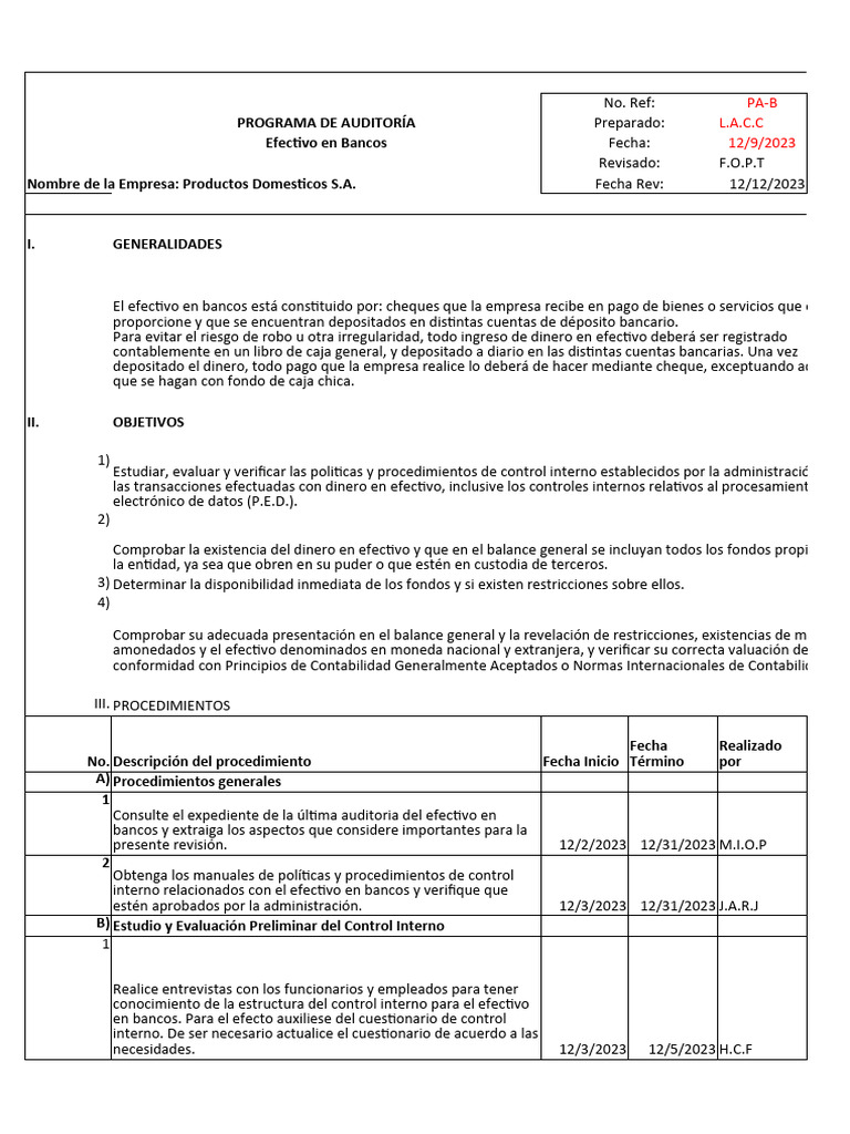Auditoria De Bancos Pdf Bancos Efectivo
