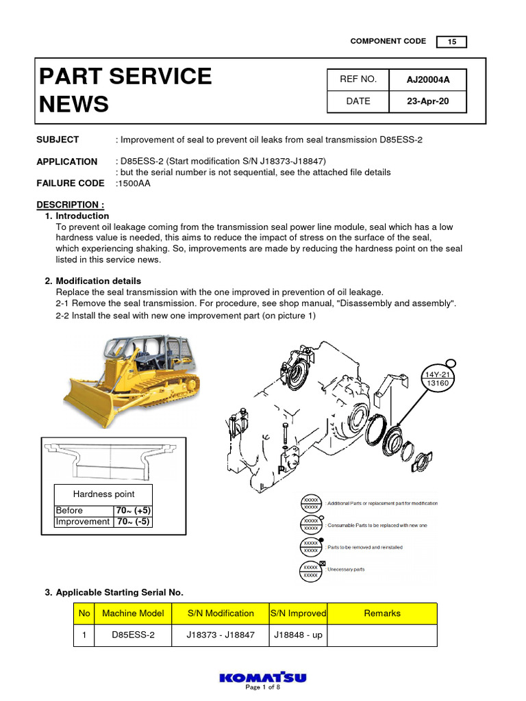 Improvement of Seal To Prevent Oil Leaks From Seal Transmission D85ESS