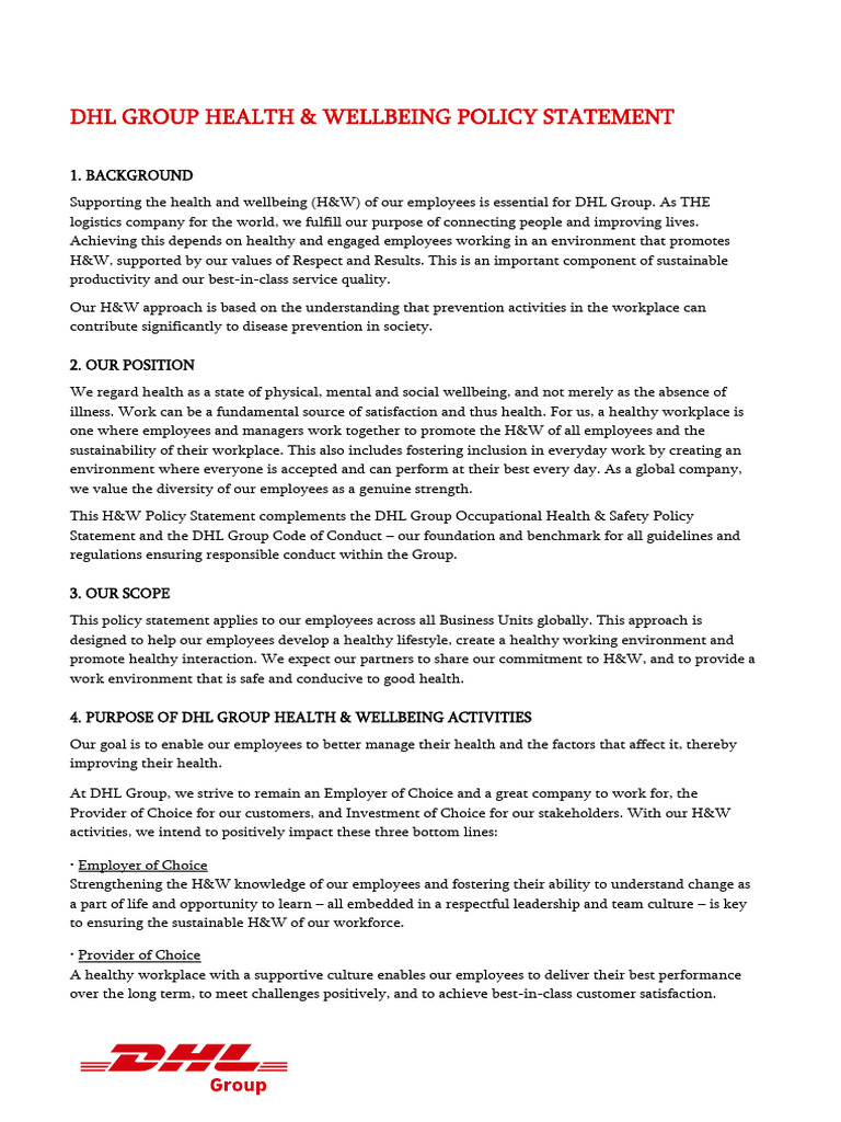 DHL Group Health & Wellbeing Policy | PDF | Employment | Organizational ...