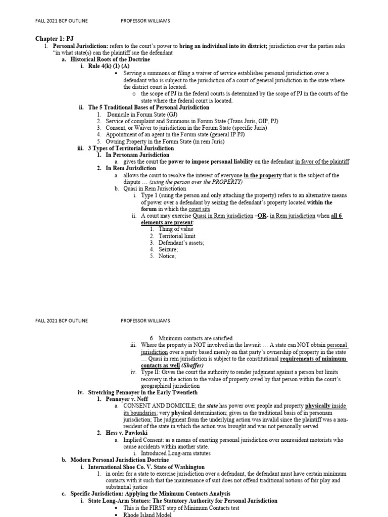 Basic Civil Procedure Outline Fall 2021 Pdf Personal Jurisdiction