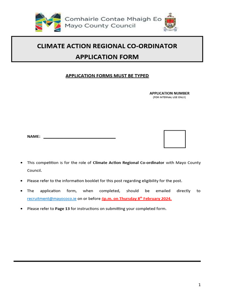 Climate Action Co-ordinator Application Form | PDF | Strategic ...