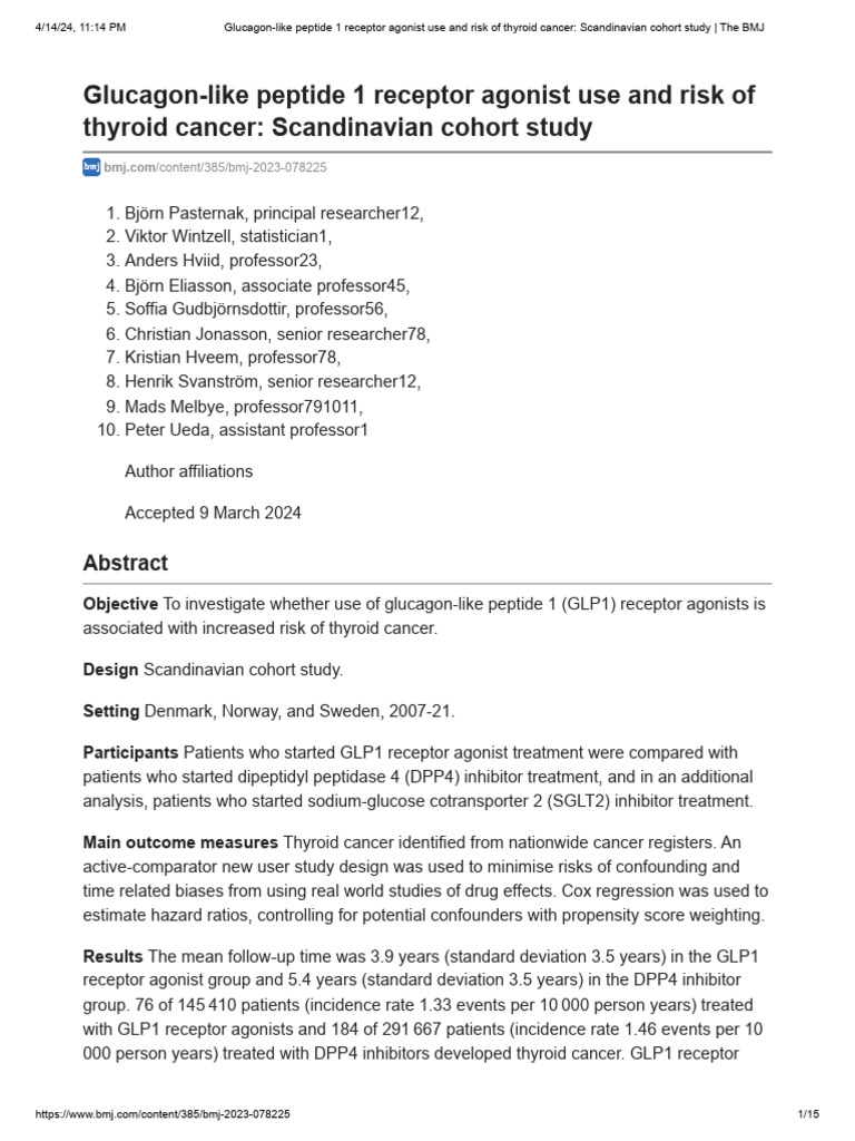 View of Glucagon-Like Peptide 1 Receptor Agonist Use and Risk of Thyroid Cancer ...
