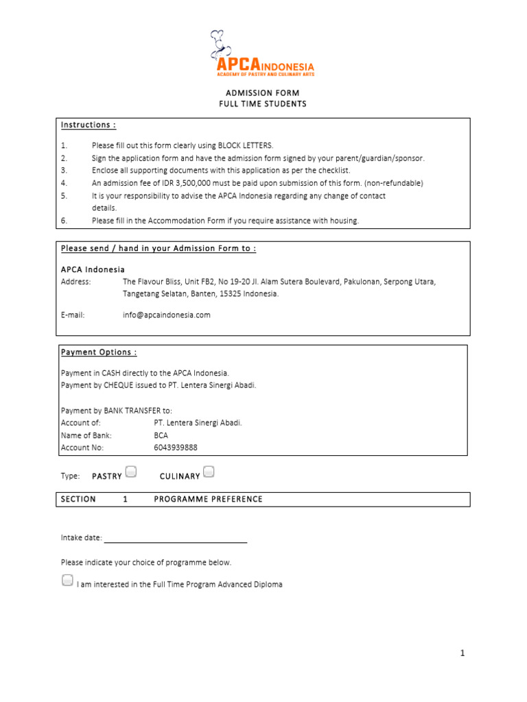 APCA Indonesia FullTime Student Admission Form PDF Payments Cheque