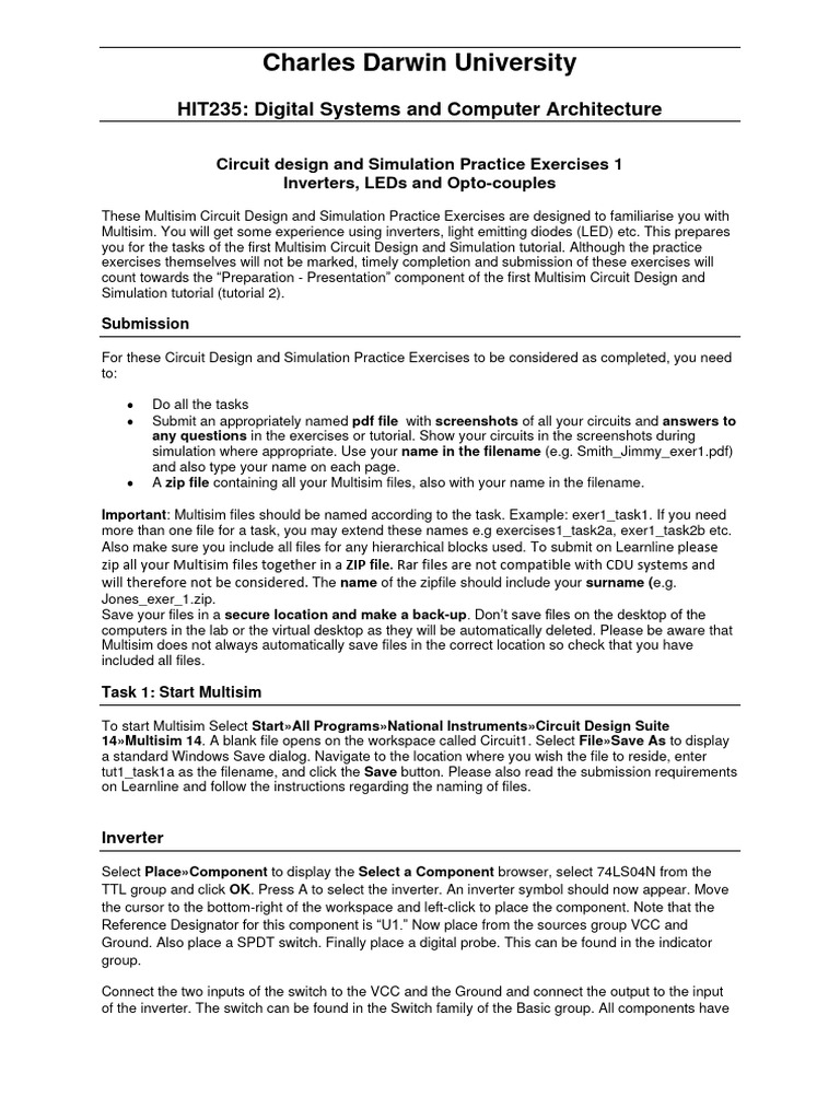 Multisim Circuit Design Exercises | PDF | Light Emitting Diode | Logic Gate