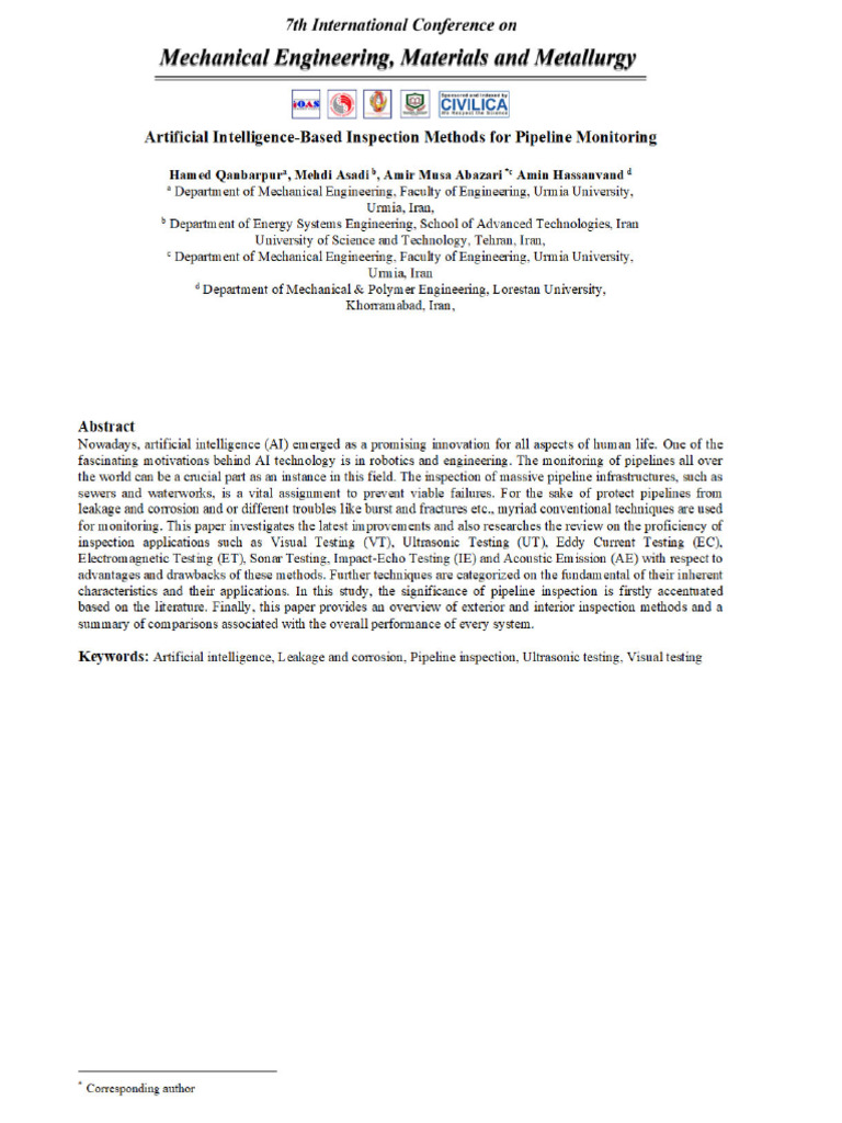 Artificial Intelligence Based Inspection Methods For Pipeline