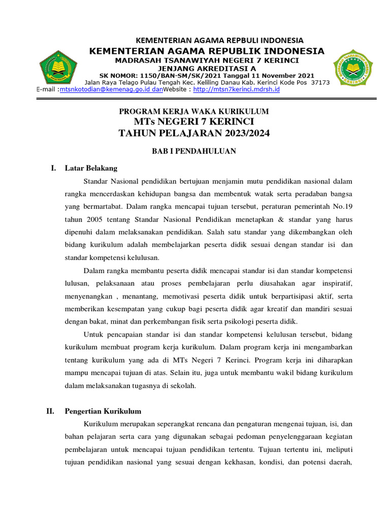 Program Kerja Waka Kurikulum MTs 2023/2024 | PDF
