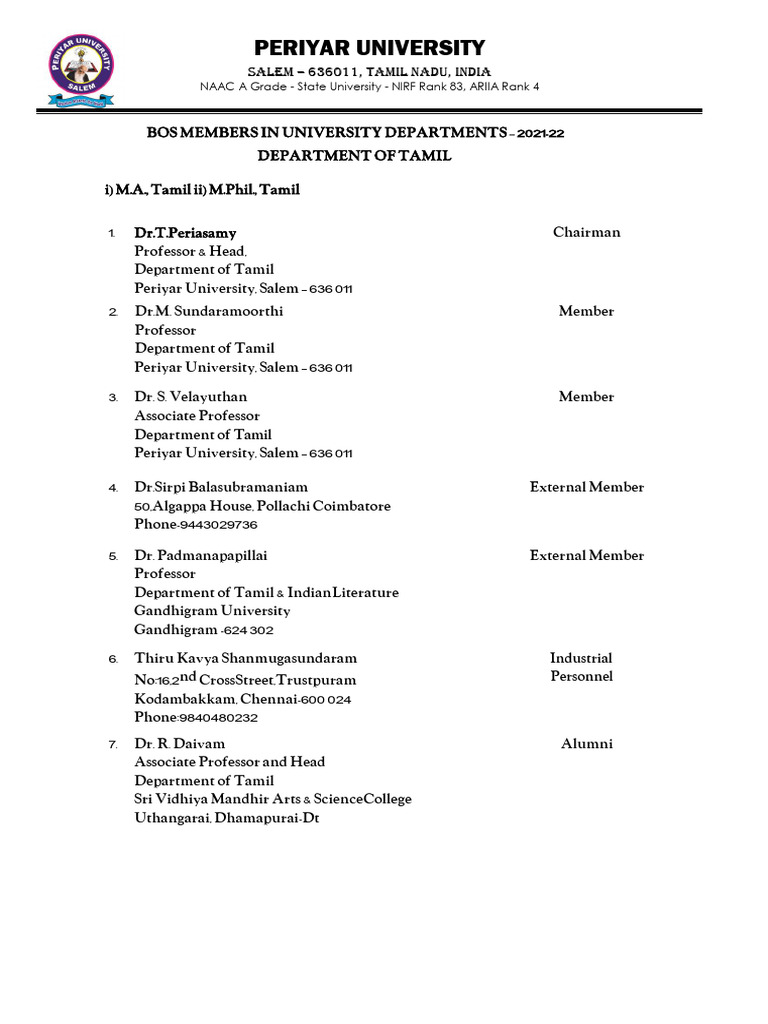 UD BOS Members | PDF | Tamil Nadu