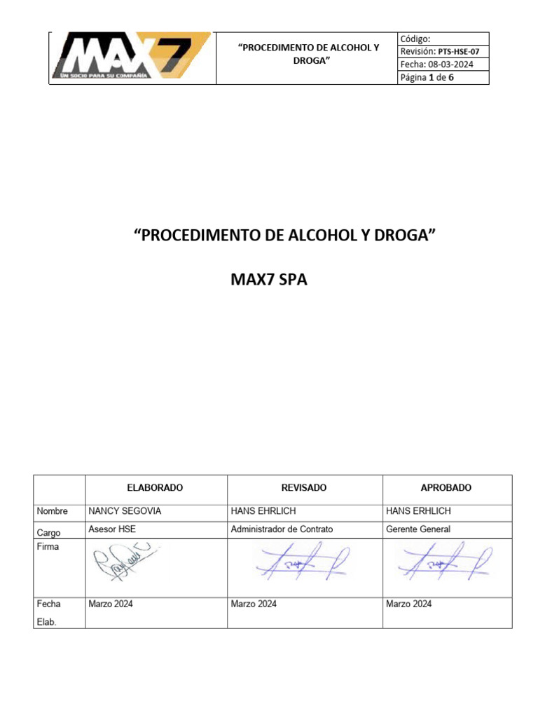 Política de Alcohol y Drogas MAX7 | PDF | La dependencia de sustancias ...