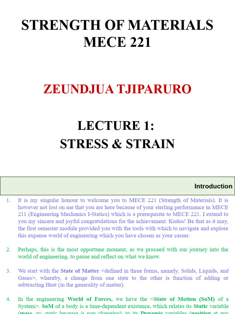 Lecture 1 Stress And Strain Pdf Stress Mechanics Strength Of