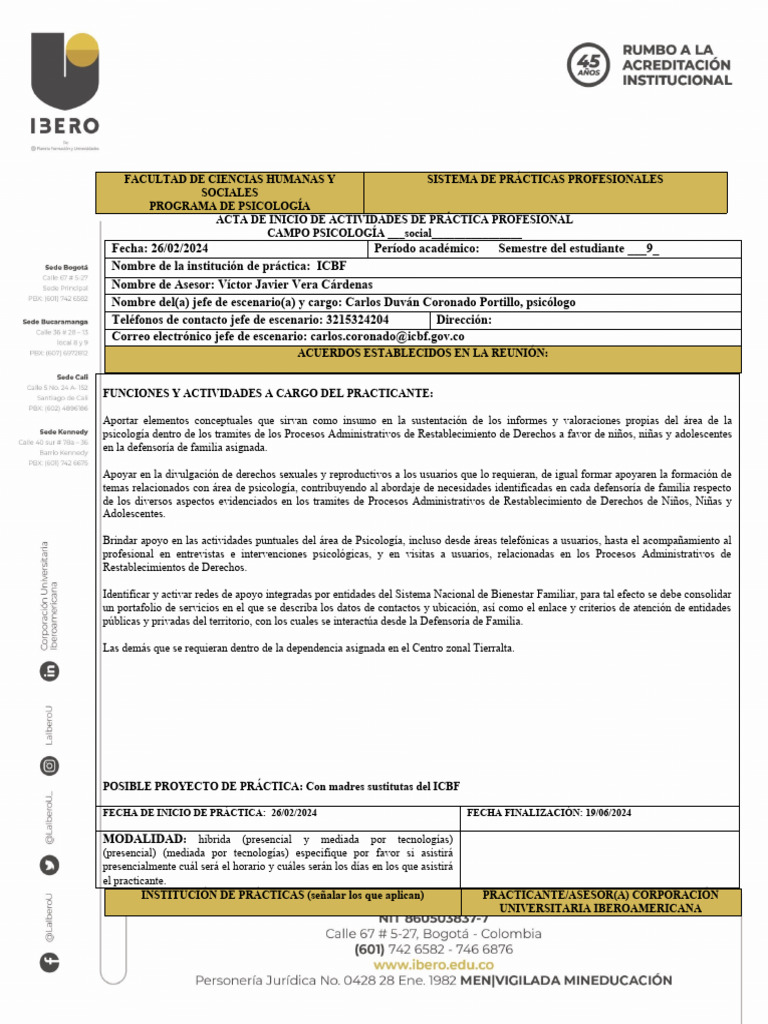 Acta de Inicio de Práctica en Psicología | PDF | Sicología
