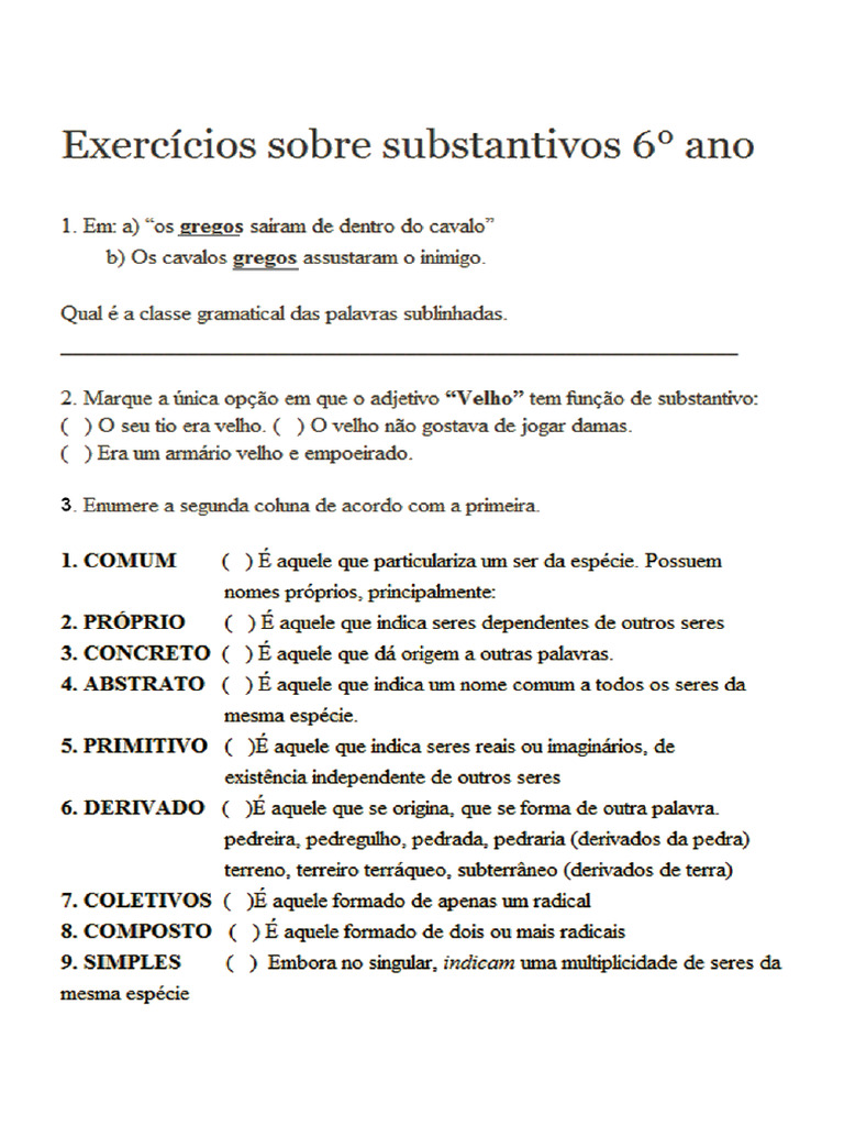 Substantivos Exercícios 6o Ano - 1 | PDF