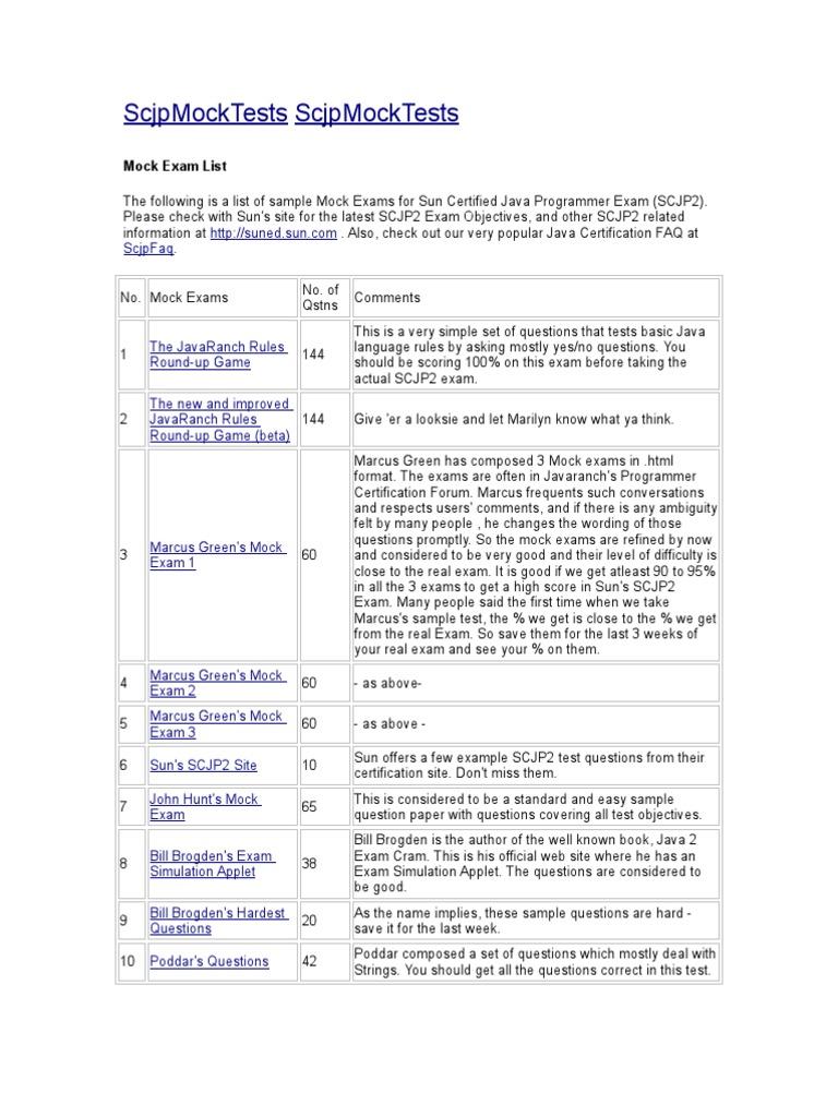 SCJP Mock Exam Resources and Practice | PDF | Test (Assessment) | Java ...