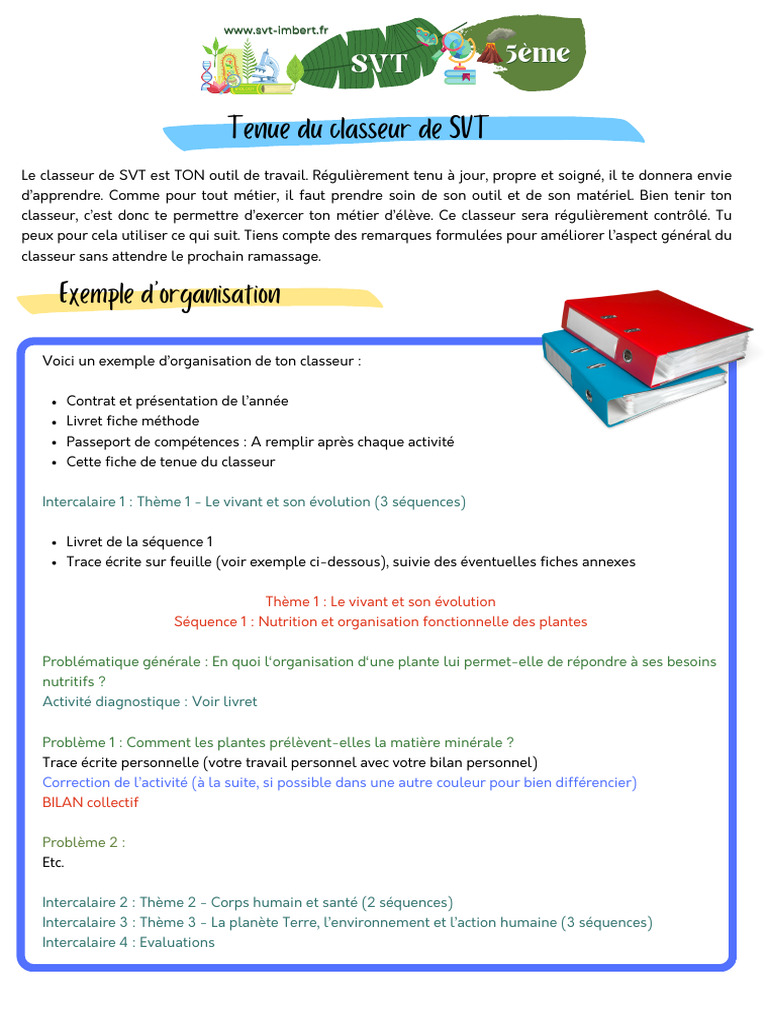 Organisation du classeur SVT 5ème | PDF