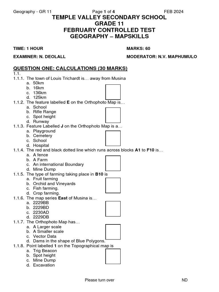 Grade 11 Geography Map Skills Test | PDF | Geographic Information ...