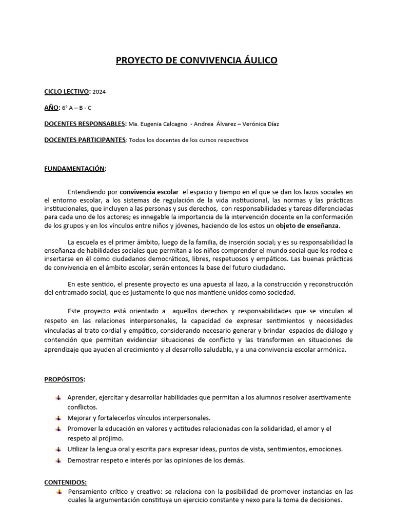 Proyecto de Convivencia Escolar 2024 | PDF | Las emociones | Enseñando