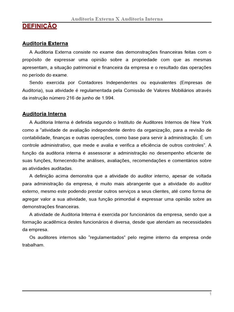 Diferenças entre Auditoria Interna e Externa | PDF | Contabilidade ...