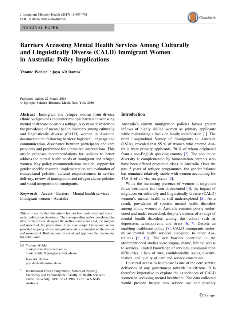 Barriers to Mental Health for CALD Women | PDF | Mental Disorder ...
